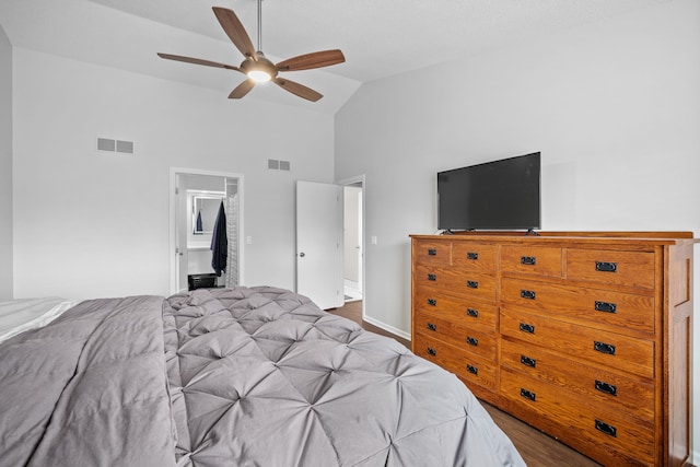 8001 Brookview Dr, Urbandale, IA 50322 - bedroom with high vaulted ceiling, wood finished floors, baseboards, and a ceiling fan
