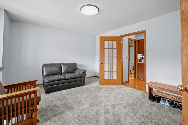 living area featuring a textured ceiling and carpet floors