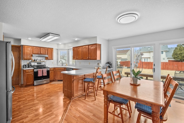 kitchen featuring a peninsula, a textured ceiling, appliances with stainless steel finishes, light wood finished floors, and a sink