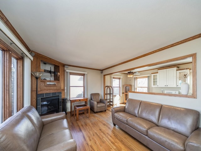 living room featuring ornamental molding, a large fireplace, light wood-style floors, and ceiling fan