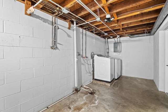 unfinished basement featuring washer and clothes dryer and electric panel