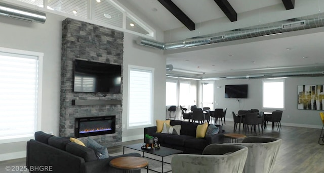 living area featuring a fireplace, visible vents, wood finished floors, high vaulted ceiling, and beamed ceiling