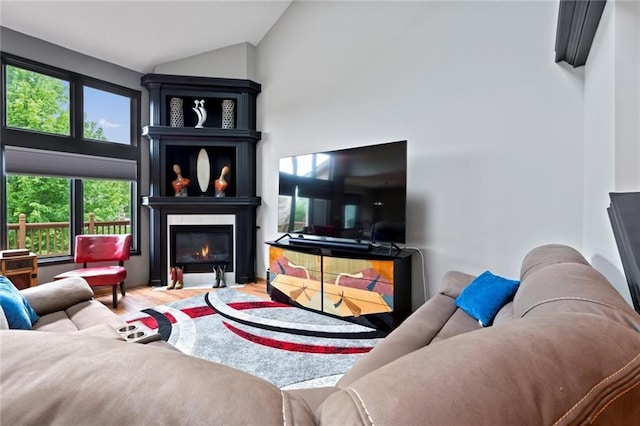 living room featuring high vaulted ceiling, wood finished floors, and a glass covered fireplace