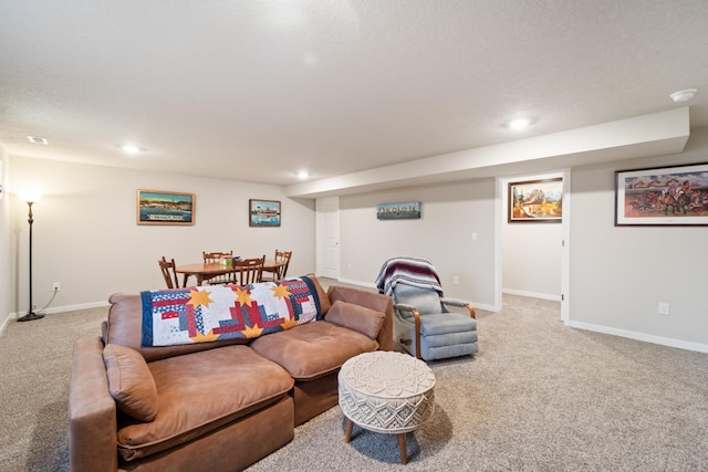 carpeted living room with baseboards and recessed lighting