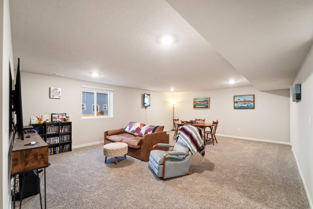 living room with carpet, visible vents, baseboards, and recessed lighting