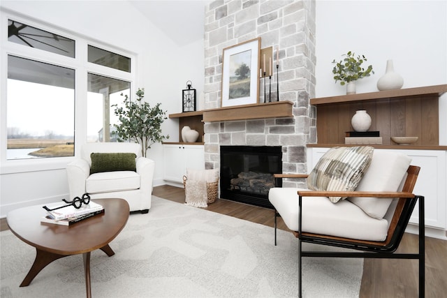 living area with lofted ceiling, a fireplace, and wood finished floors