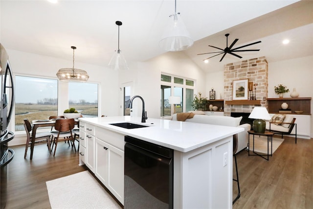 kitchen with white cabinetry, a sink, dishwasher, and wood finished floors