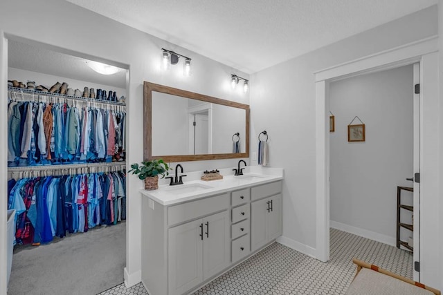 bathroom featuring double vanity, baseboards, a walk in closet, and a sink