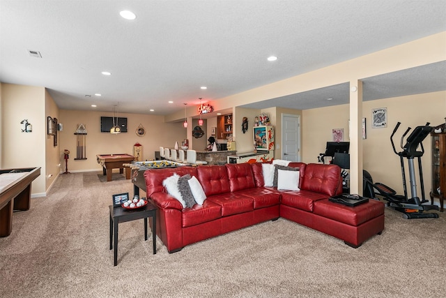 carpeted living room featuring billiards, visible vents, baseboards, a textured ceiling, and recessed lighting