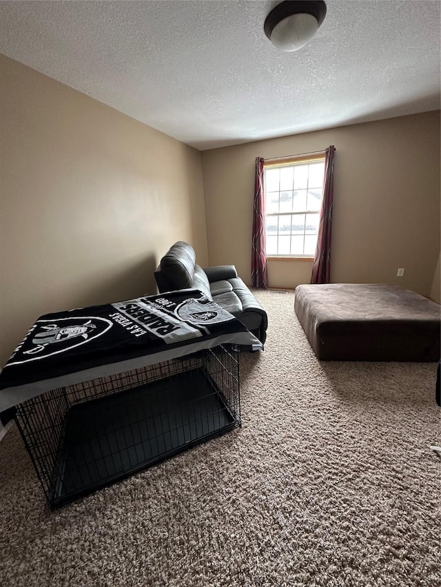 bedroom featuring a textured ceiling and carpet flooring