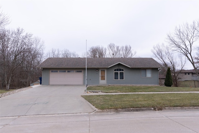 single story home featuring a front lawn, concrete driveway, roof with shingles, and an attached garage