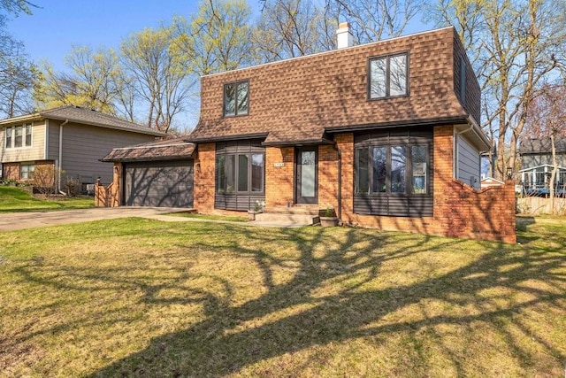 view of front of home featuring roof with shingles, mansard roof, concrete driveway, a garage, and a front yard