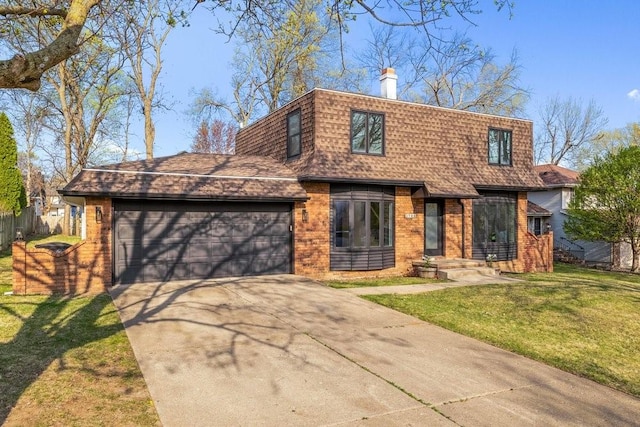 view of front facade featuring a front lawn, concrete driveway, brick siding, an attached garage, and a shingled roof