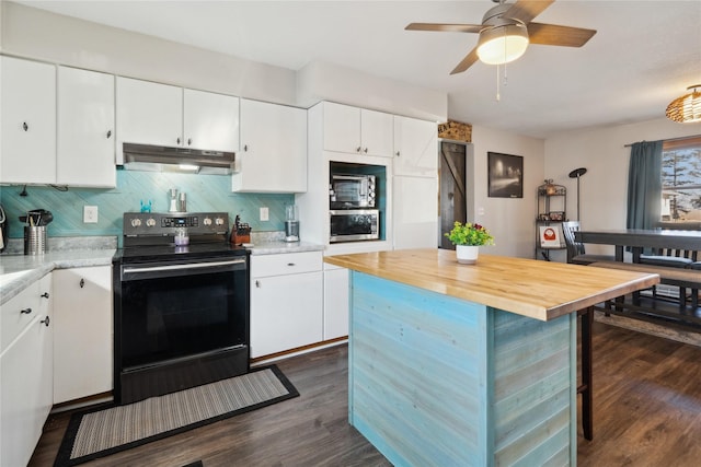 kitchen with dark wood finished floors, black electric range oven, oven, under cabinet range hood, and backsplash