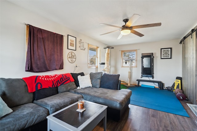 living area featuring wood finished floors, ceiling fan, and a barn door