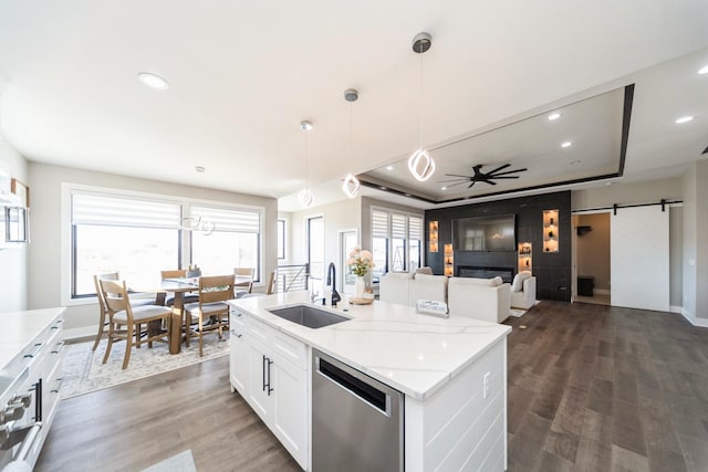 kitchen with dark wood finished floors, a raised ceiling, stainless steel dishwasher, a barn door, and a sink