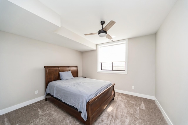 bedroom featuring carpet, ceiling fan, and baseboards