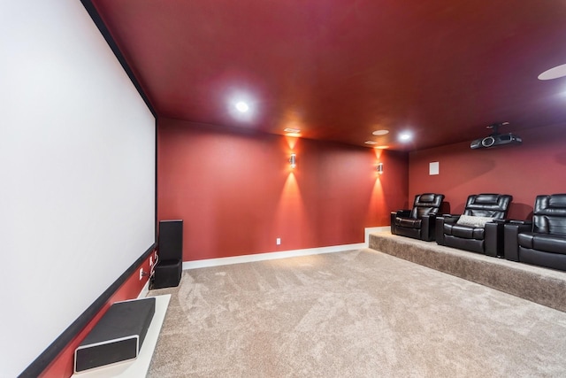 carpeted cinema featuring recessed lighting and baseboards