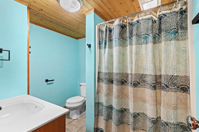 bathroom featuring toilet, wooden ceiling, a shower with curtain, tile patterned flooring, and vanity