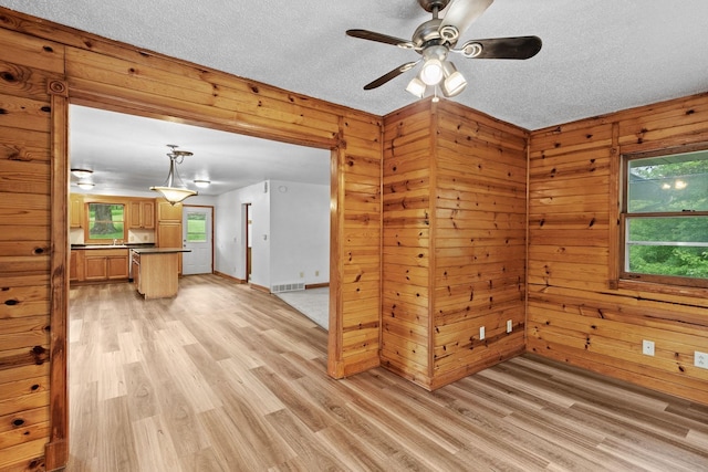 interior space featuring light wood-style floors, a wealth of natural light, wood walls, and a textured ceiling