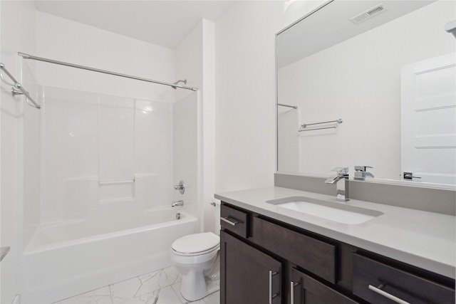 full bathroom with visible vents, toilet, marble finish floor, bathtub / shower combination, and vanity