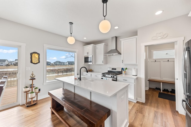 kitchen with a sink, stainless steel appliances, light countertops, wall chimney range hood, and backsplash