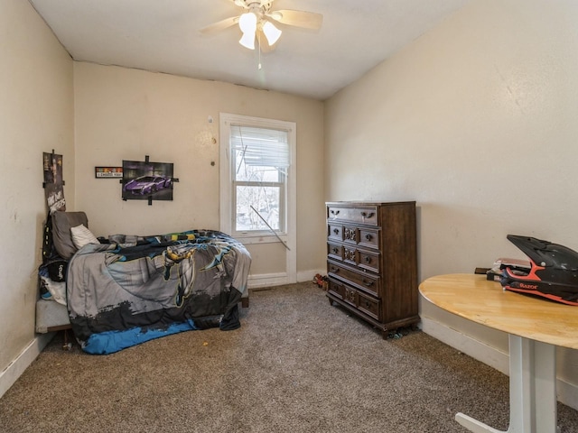 bedroom with baseboards, carpet, and ceiling fan