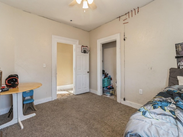 bedroom featuring baseboards, carpet, and ceiling fan