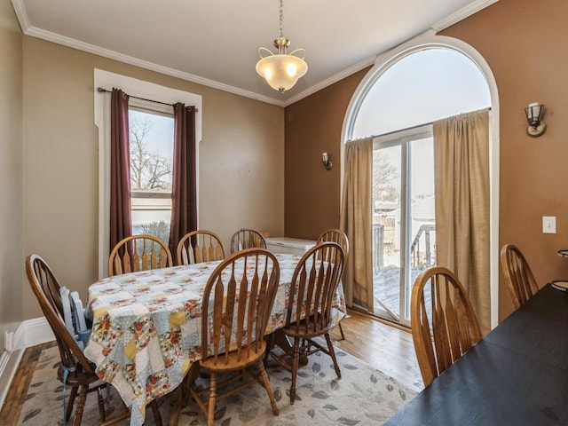 dining space featuring crown molding and wood finished floors