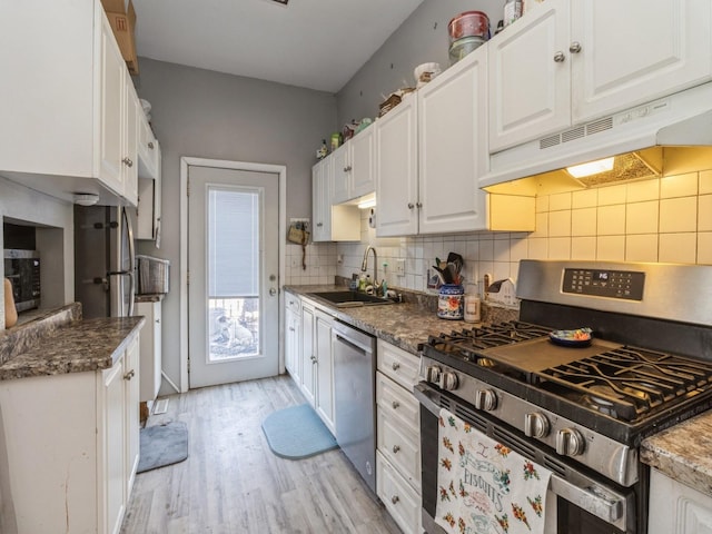 kitchen featuring under cabinet range hood, a sink, tasteful backsplash, stainless steel appliances, and white cabinets