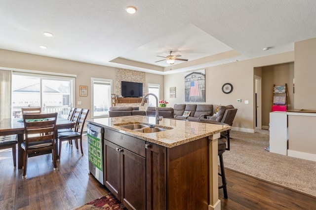 kitchen with a tray ceiling, dark brown cabinetry, a sink, light stone countertops, and dishwasher