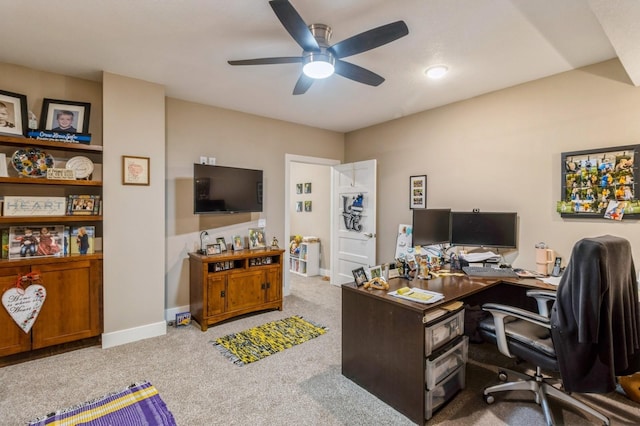 office with carpet, ceiling fan, and baseboards