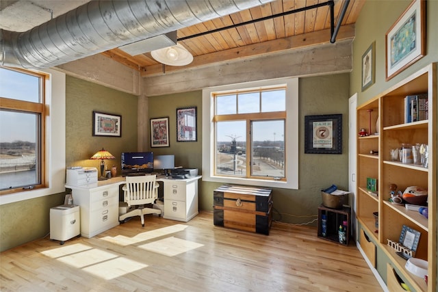 home office with wooden ceiling, beam ceiling, a wealth of natural light, and wood finished floors