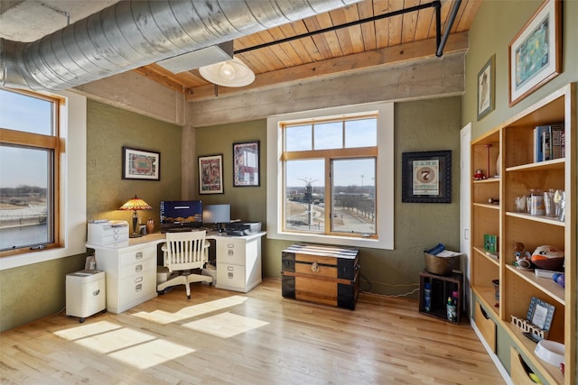 100 Market St Unit 409, 408, 407, Des Moines, IA 50309 - office with wood finished floors and wooden ceiling with exposed beams