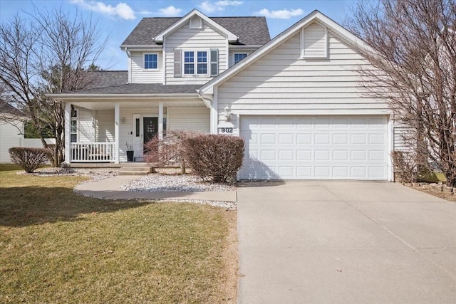 view of front of property with roof with shingles, covered porch, an attached garage, concrete driveway, and a front yard