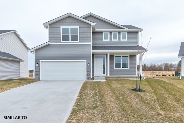 traditional home featuring an attached garage, driveway, a front lawn, and cooling unit