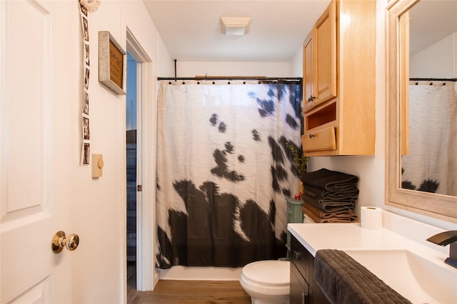 full bath with toilet, curtained shower, and vanity