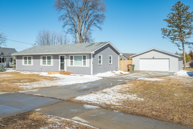 ranch-style home with a garage, an outdoor structure, and fence