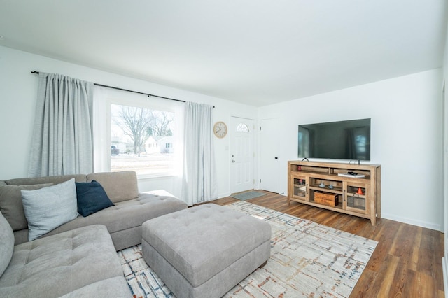 living room with baseboards and wood finished floors