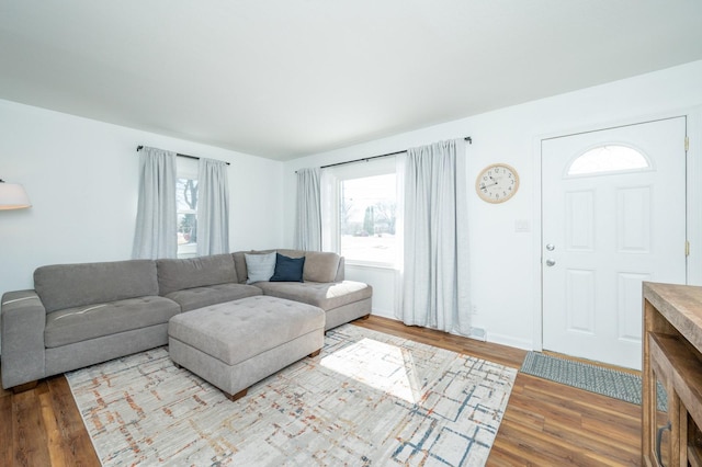 living area featuring a wealth of natural light, baseboards, and wood finished floors