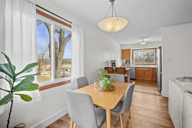 dining area with light wood-style floors, plenty of natural light, and baseboards