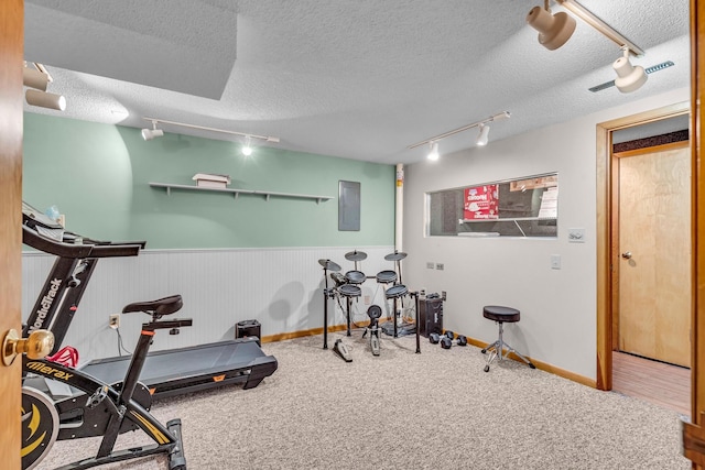 exercise area featuring rail lighting, carpet, electric panel, and a textured ceiling