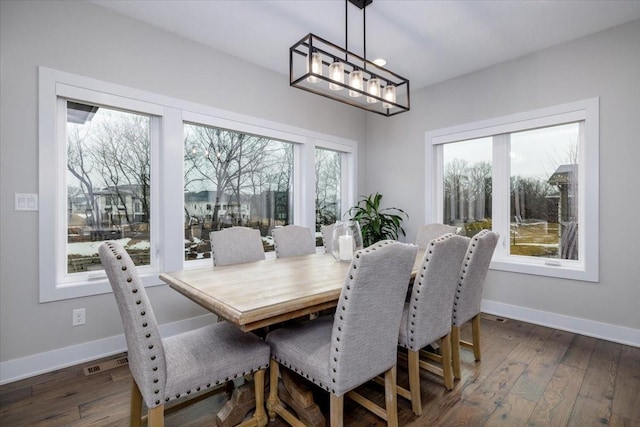 dining room featuring dark wood-style floors, visible vents, and baseboards