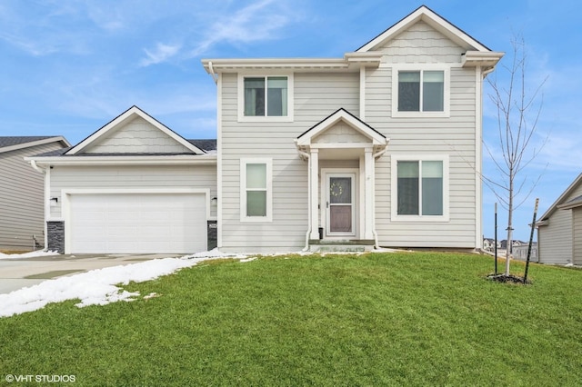 view of front of property with a garage, a front lawn, and concrete driveway