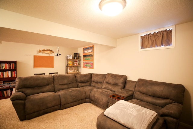 living room featuring a textured ceiling and light colored carpet