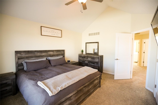 bedroom featuring high vaulted ceiling, visible vents, baseboards, a ceiling fan, and carpet