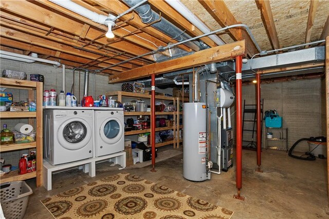 unfinished below grade area with water heater and washing machine and clothes dryer