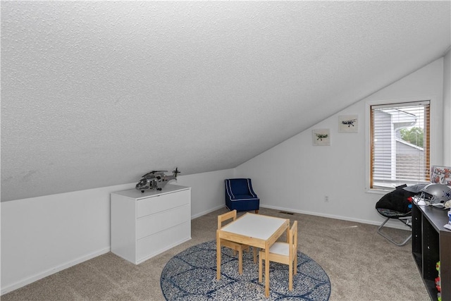 interior space with a textured ceiling, carpet flooring, lofted ceiling, and baseboards