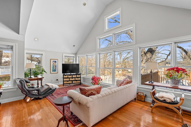 living room with hardwood / wood-style floors, baseboards, and high vaulted ceiling