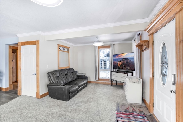 carpeted living area with baseboards and ornamental molding